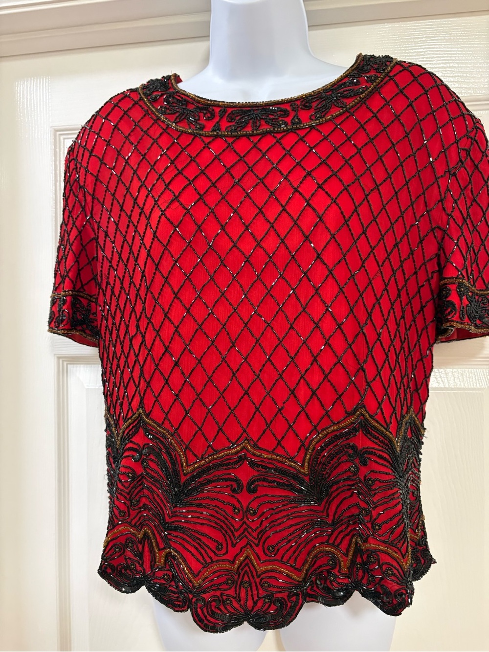 vintage red silk Papell Boutique evening blouse featuring an intricate lattice